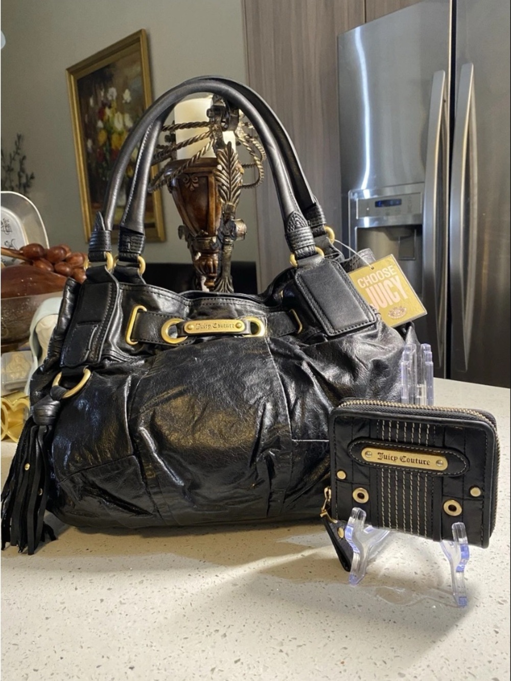 Juicy Couture Black Leather Satchel with Matching Wallet